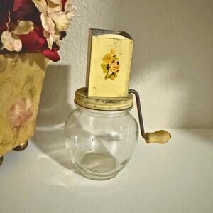 Vintage Nut Grinder Chopper with Glass Jar & Hand Crank Floral Top